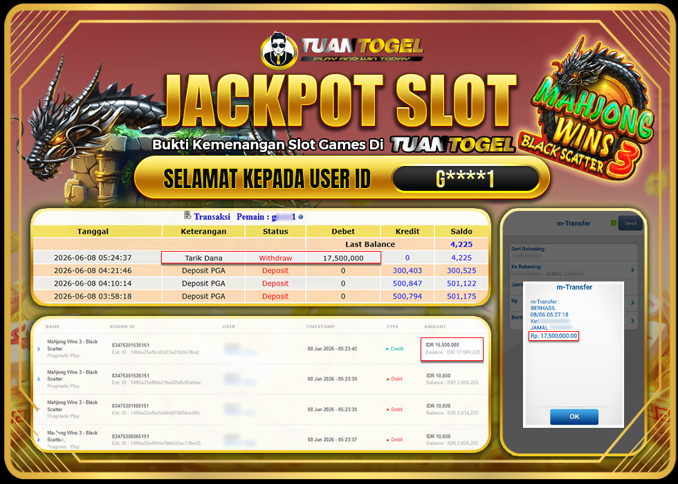 TUANTOGEL JACKPOT SLOT MAHJONG WINS 3 -BLACK SCATTER Rp17.500.000,- LUNAS